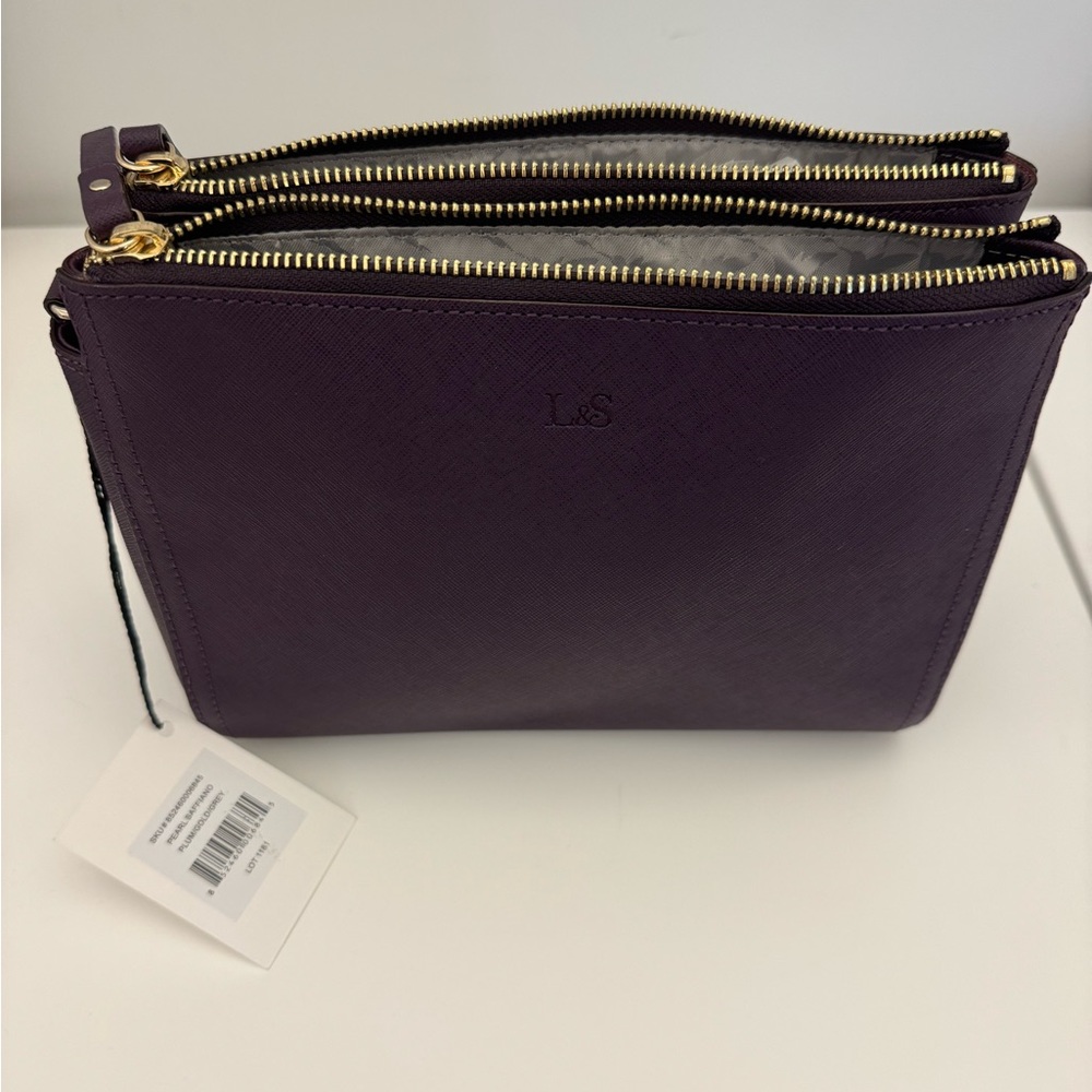 Lo & Sons The Pearl Crossbody Bag in Plum Saffiano/Gold/Gray